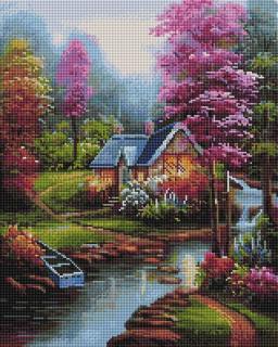 Set goblen cu diamante, cu sasiu, Casa langa rau, 40x50 cm