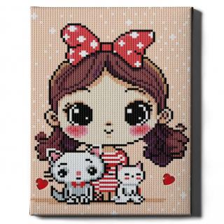 Set goblen cu diamante, cu sasiu, Fetita cu pisici, 20x30 cm