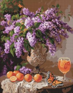 Set goblen cu diamante, cu sasiu, Liliac si portocale, 40x50 cm