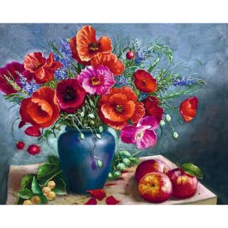 Set goblen cu diamante, cu sasiu, Natura statica cu maci, 40x50 cm