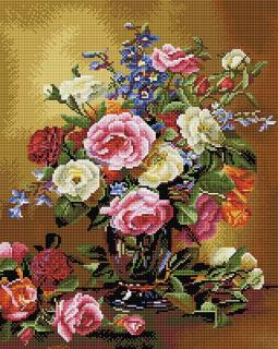 Set goblen cu diamante, cu sasiu, Trandafiri si bujori, 40x50 cm