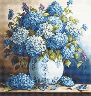 Set goblen de cusut, cu diagrama, Vas cu hortensii, 20x21cm