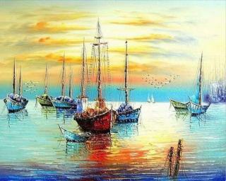 Set pictura pe numere, cu sasiu, Barci in port, 40x50 cm