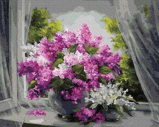 Set pictura pe numere, cu sasiu, Buchet de liliac la fereastra, 40x50 cm