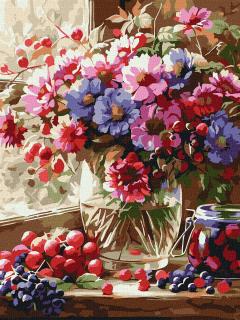 Set pictura pe numere, cu sasiu, Buchet si fructe, 30x40 cm