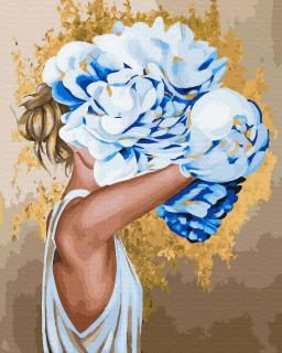 Set pictura pe numere, cu sasiu, Fata cu flori albastre- vopsea aurie, 40x50 cm