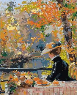 Set pictura pe numere, cu sasiu, Femeie si toamna, inspiratie Renoir, 40x50 cm