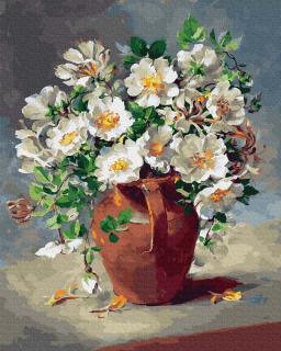 Set pictura pe numere, cu sasiu, Flori albe in ulcior, 40x50 cm