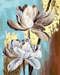 Set pictura pe numere, cu sasiu, Flori albe - vopsea aurie, 40x50 cm
