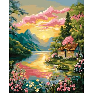 Set pictura pe numere, cu sasiu, Peisaj la apus, 40x50 cm