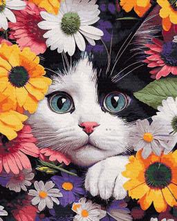 Set pictura pe numere, cu sasiu, Pisica si flori, 40x50 cm