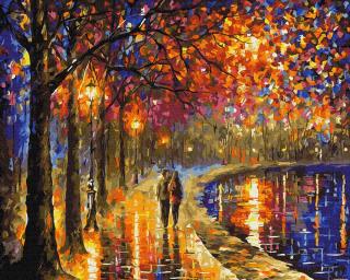 Set pictura pe numere, cu sasiu, Plimbare seara in parc - Leonid Afremov, 40x50 cm