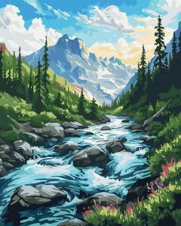 Set pictura pe numere, cu sasiu, Rau de munte, 40x50 cm