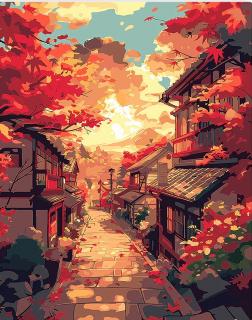 Set pictura pe numere, cu sasiu, Strada toamna in Kyoto, 40x50 cm
