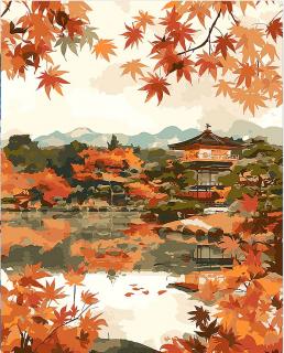 Set pictura pe numere, cu sasiu, Templu japonez pe malul lacului, toamna, 40x50 cm