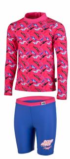 Costum baie copii 2 piese, Ocean Dinos, protectie UV 50+, roz albastru, 80 cm
