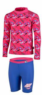 Costum de inot, Copii, 2 piese, Ocean Dinos, protectie UV 50+, 80 cm, Roz Albastru