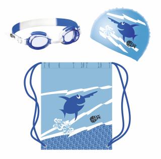 Set de inot, Copii, Casca+Ochelari+Saculet echipament, Albastru