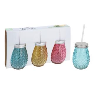 Pahar cu pai pentru apa   suc, sticla, 350 ml, set 3 bucati