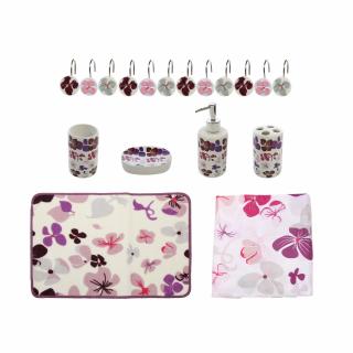 Set accesorii pentru baie, model floral mov, 18 piese