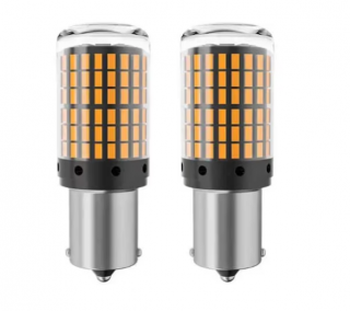 Set 2 becuri auto led BA15S 1156 P21W, 144LED SMD, pini la 180 grade, lumina galbena, BZRSH