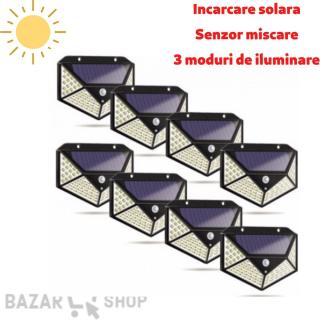 Set 8 lampi 100LED   cu incarcare solara, senzor de miscare si 3 moduri de functionare