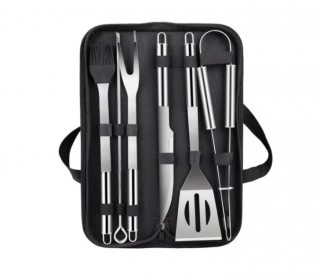 Set 9 ustensile pentru gratar, Inox, Geanta depozitare, Negru Argintiu