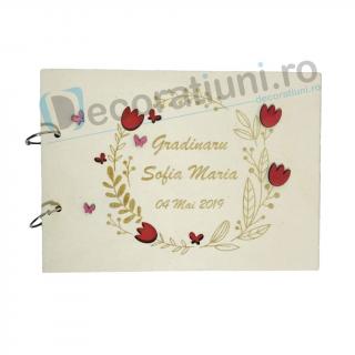 Guestbook din lemn personalizat, guestbook coperti - model ramura cu flori si fluturi