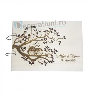 Guestbook din lemn personalizat, guestbook nunta - model pom si bufnite