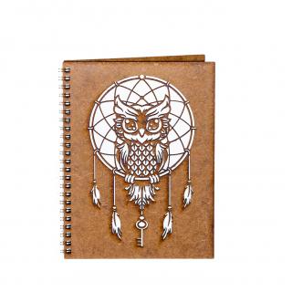 Agenda A5 personalizata din lemn cu bufnita cu dreamcatcher