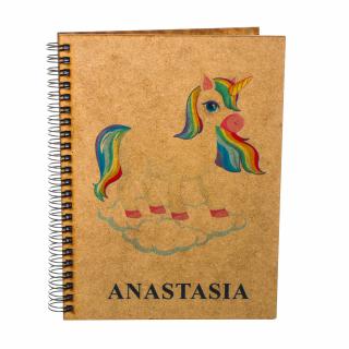 Agenda A5 personalizata din lemn pentru fetite cu unicorn si nume personalizat, print UV