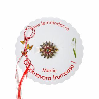 Martisor-brosa cu o floare retro in stil boem cu mai multe nuante si centrul roz