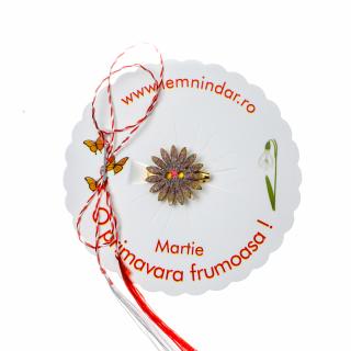 Martisor-brosa cu o floare retro in stil boem maro cu centrul rosu