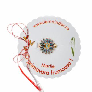 Martisor-brosa cu o floare retro in stil boem turcoaz, albastru si portocaliu