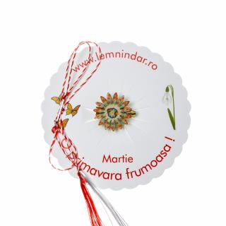 Martisor-brosa cu o floare retro in stil boem turcoaz, crem si portocaliu