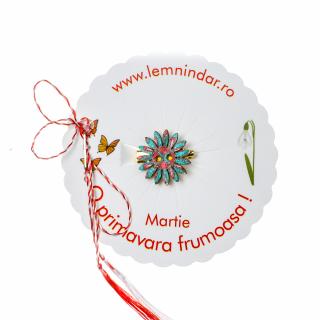 Martisor-brosa cu o floare retro in stil boem turcoaz cu rosu