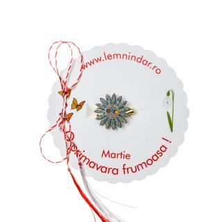 Martisor-brosa cu o floare retro in stil boem verde marin cu centru colorat