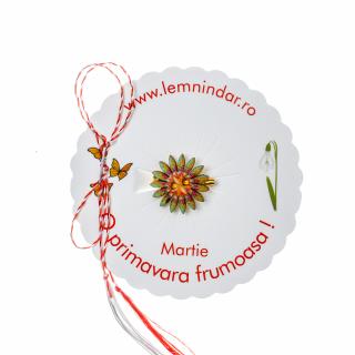 Martisor-brosa cu o floare retro in stil boem verzuie cu portocaliu si roz