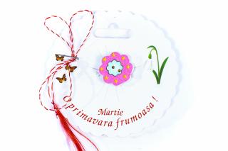 Martisor-brosa cu o floare roz cu stelute galbene