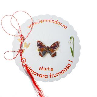 Martisor-brosa cu un fluturas model cu mov, albastru, portocaliu