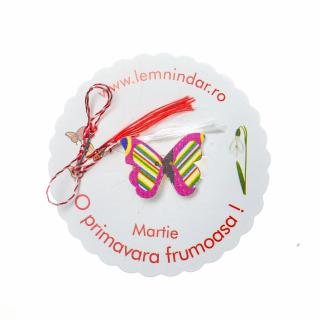 Martisor-brosa cu un fluturas roz cu dungi verzi si galbene