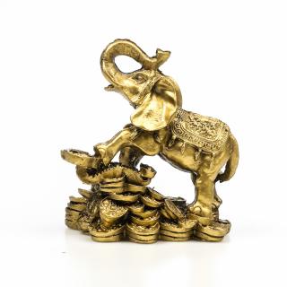 Statueta Feng Shui elefant pe bani cu piciorul stang ridicat pentru prosperitate