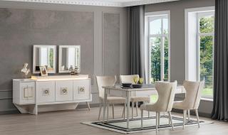 Mobila living ASPENDO WHITE (cabinet + oglinda + masa + 6 scaune)