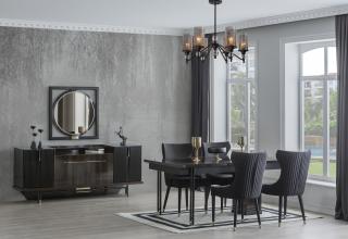 Mobila living BELLAS BLACK (cabinet + oglinda + masa + 6 scaune)