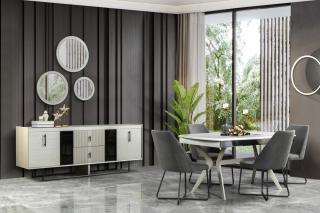 Mobila living DEFNES (cabinet + oglinda + masa + 6 scaune)