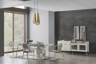 Mobila living FABI WHITE (cabinet + oglinda + masa + 4 scaune)