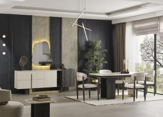 Mobila living PEDRO (cabinet + oglinda + masa + 6 scaune)