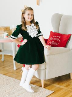 Rochie Verde din Catifea cu Guler din Dantela