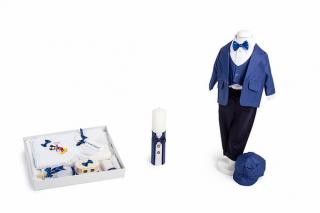 Set botez Mickey, compus din costum bleumarin, trusou brodat, lumanare, TinTin Shop