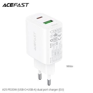 Incarcator retea Acefast A25 USB Tip C si USB 20W PPS PD QC 3.0 AFC FCP alb